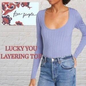 FREE PEOPLE Lucky You Long Sleeve Scoop Neck Fitted Layering Top-Blue/MD NWT